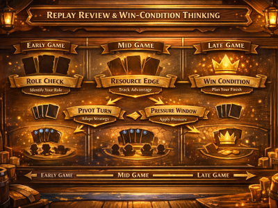 Hearthstone replay review infographic showing early game, mid game, late game, and win-condition decision points