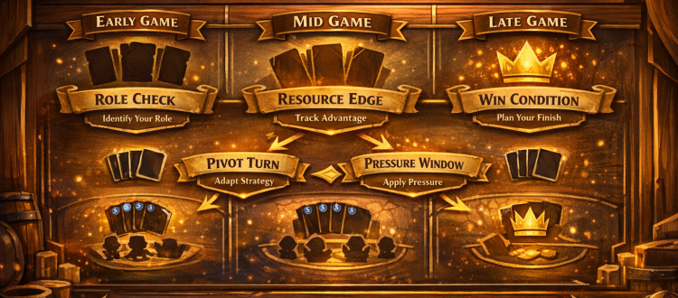 Hearthstone replay review infographic showing early game, mid game, late game, and win-condition decision points