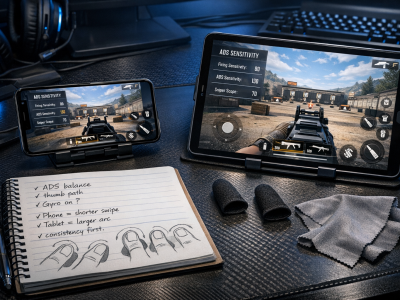 Call of Duty Mobile sensitivity coaching desk with phone and tablet aim setup comparison