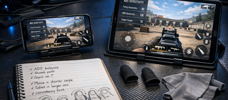 Call of Duty Mobile sensitivity coaching desk with phone and tablet aim setup comparison