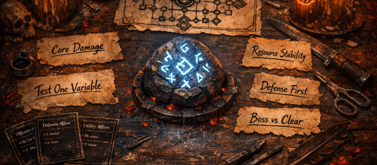 Diablo IV endgame coaching desk with glyph notes, affix planning, and build testing tools