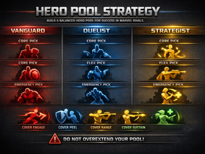 Marvel Rivals hero pool strategy infographic showing a 2-3 pick framework for Vanguard Duelist and Strategist