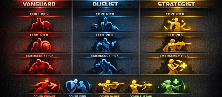 Marvel Rivals hero pool strategy infographic showing a 2-3 pick framework for Vanguard Duelist and Strategist