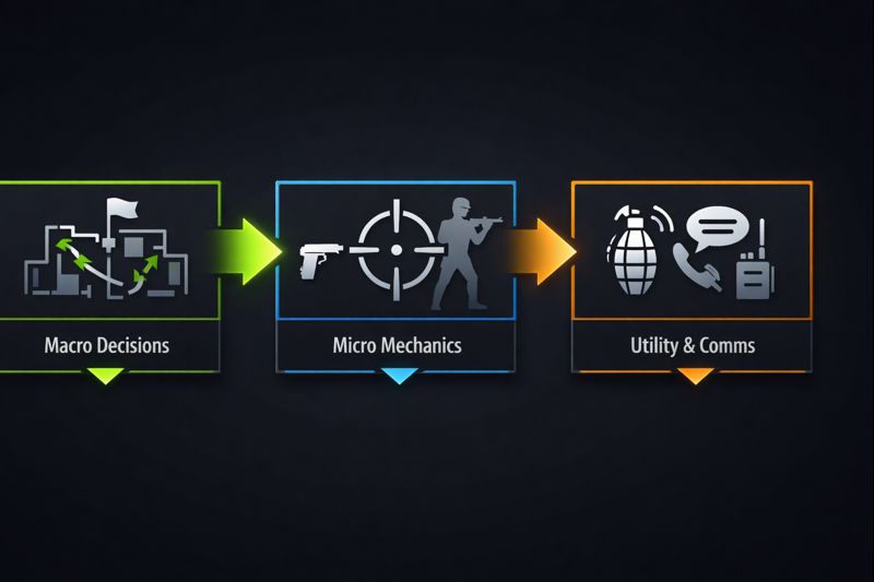 CS2 replay analysis workflow infographic showing macro, micro, and utility review