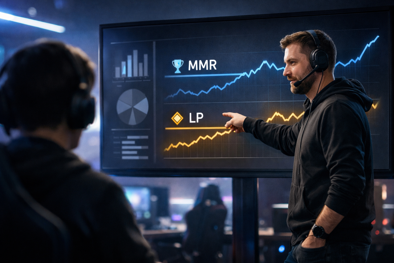 Esports coaching scene illustrating LoL ranked improvement through understanding MMR, LP, and matchmaking. 