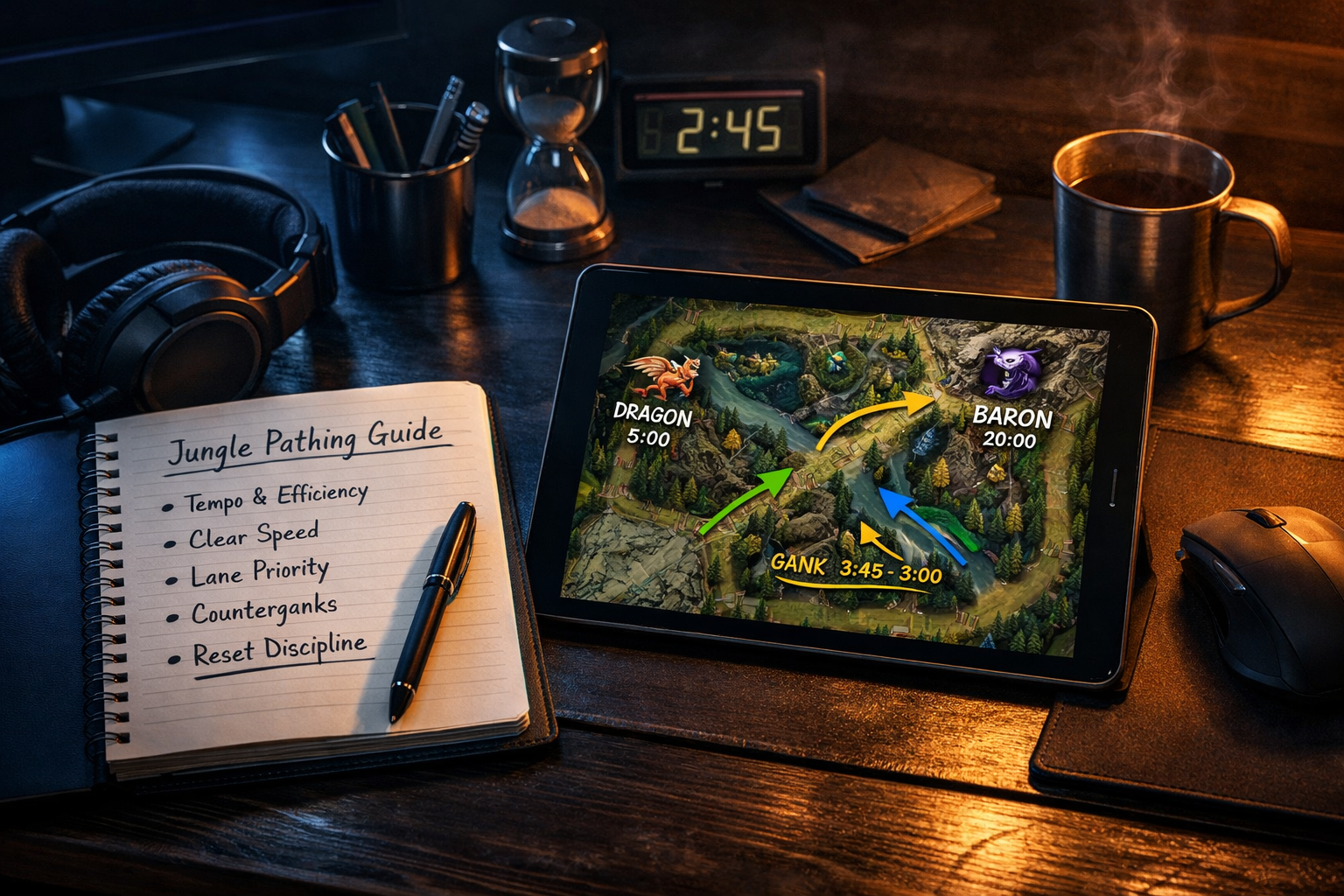 LoL jungle coaching desk showing route planning, gank timing notes, and objective setup