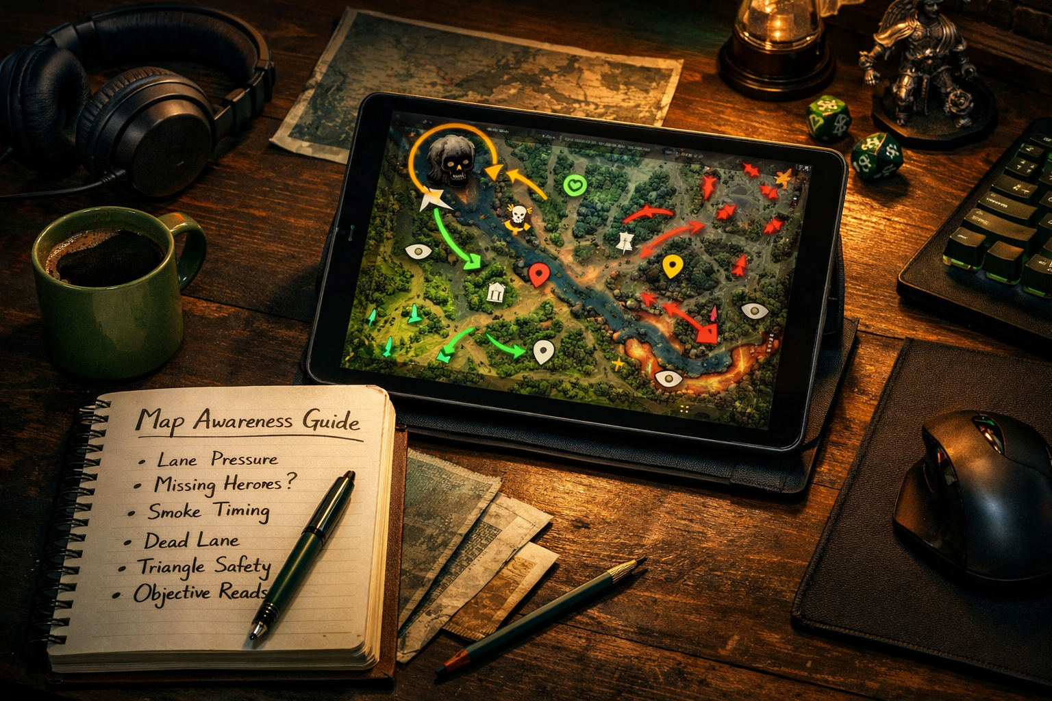Cinematic Dota 2 coaching desk scene with map awareness notes and objective planning