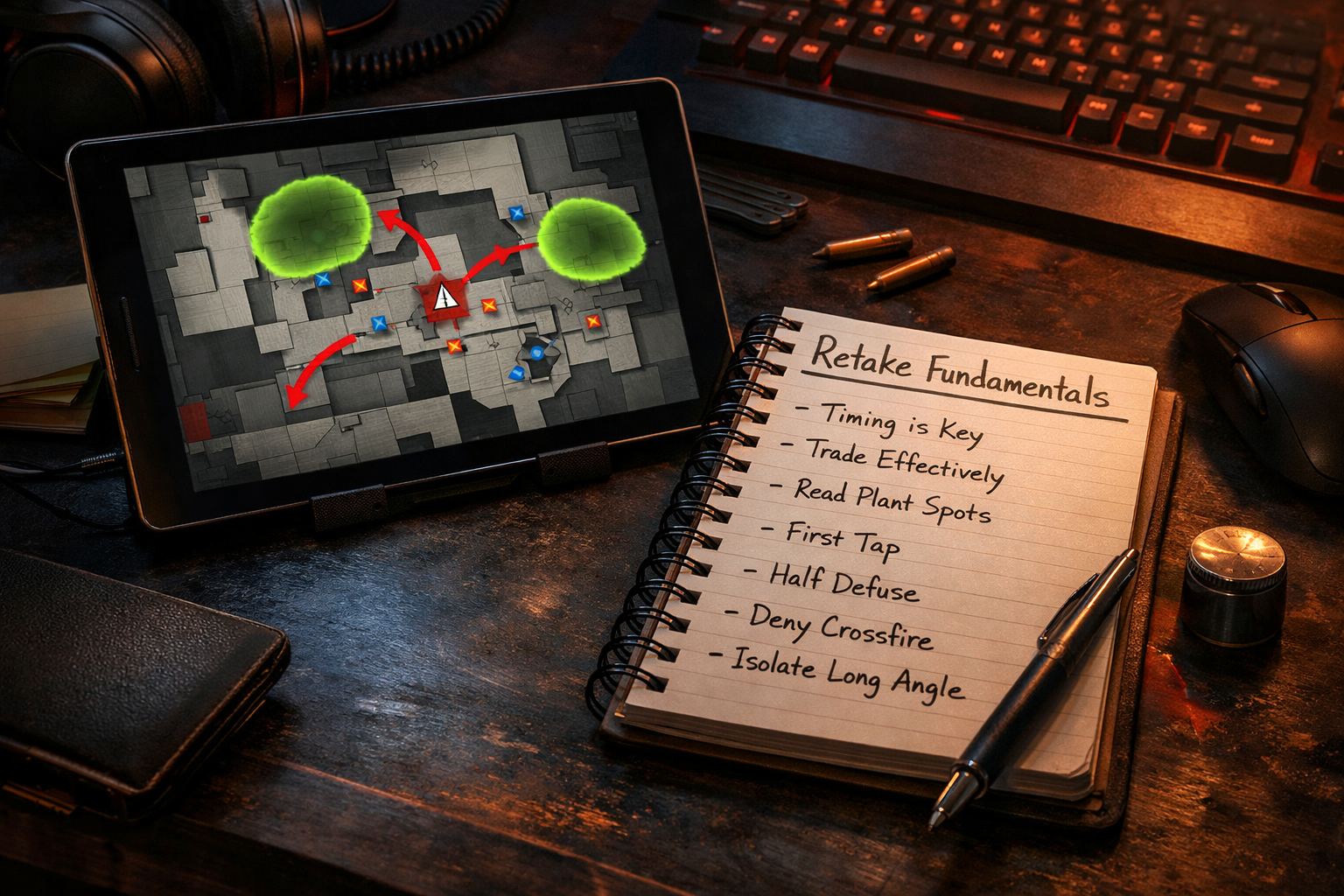 VALORANT retake fundamentals coaching desk scene with tactical map notes and site retake planning