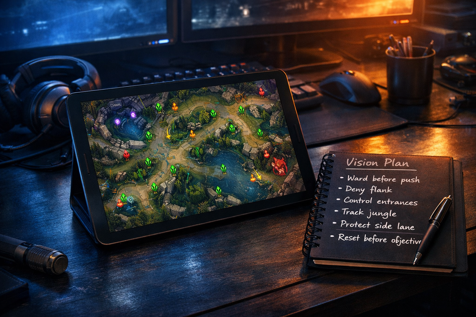 LoL vision control coaching desk scene with warding plan for deep wards, flanks and objective timings