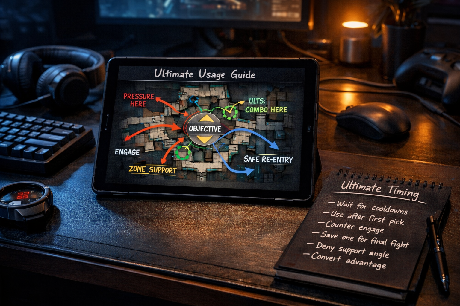 Marvel Rivals coaching desk scene with ultimate timing notes and objective teamfight planning