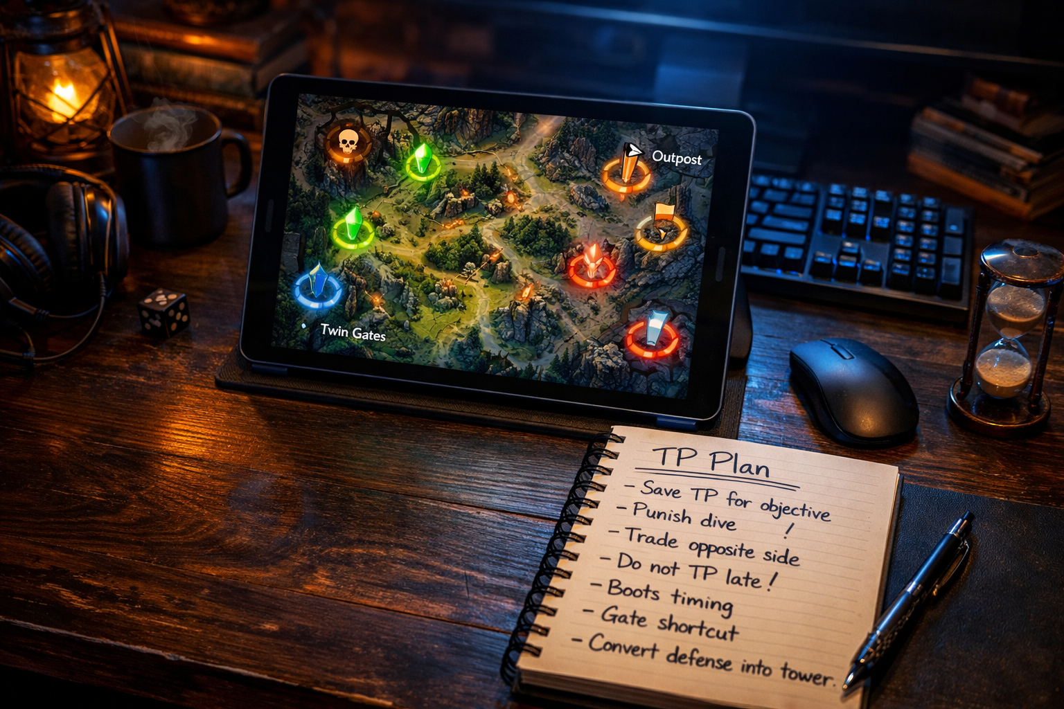 Dota 2 coaching desk scene with teleport planning notes, Boots of Travel timing, and map rotation strategy.