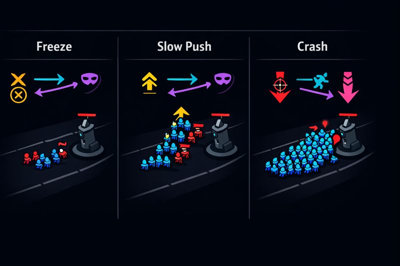 LoL wave control infographic showing freeze, slow push, and crash for dive timing