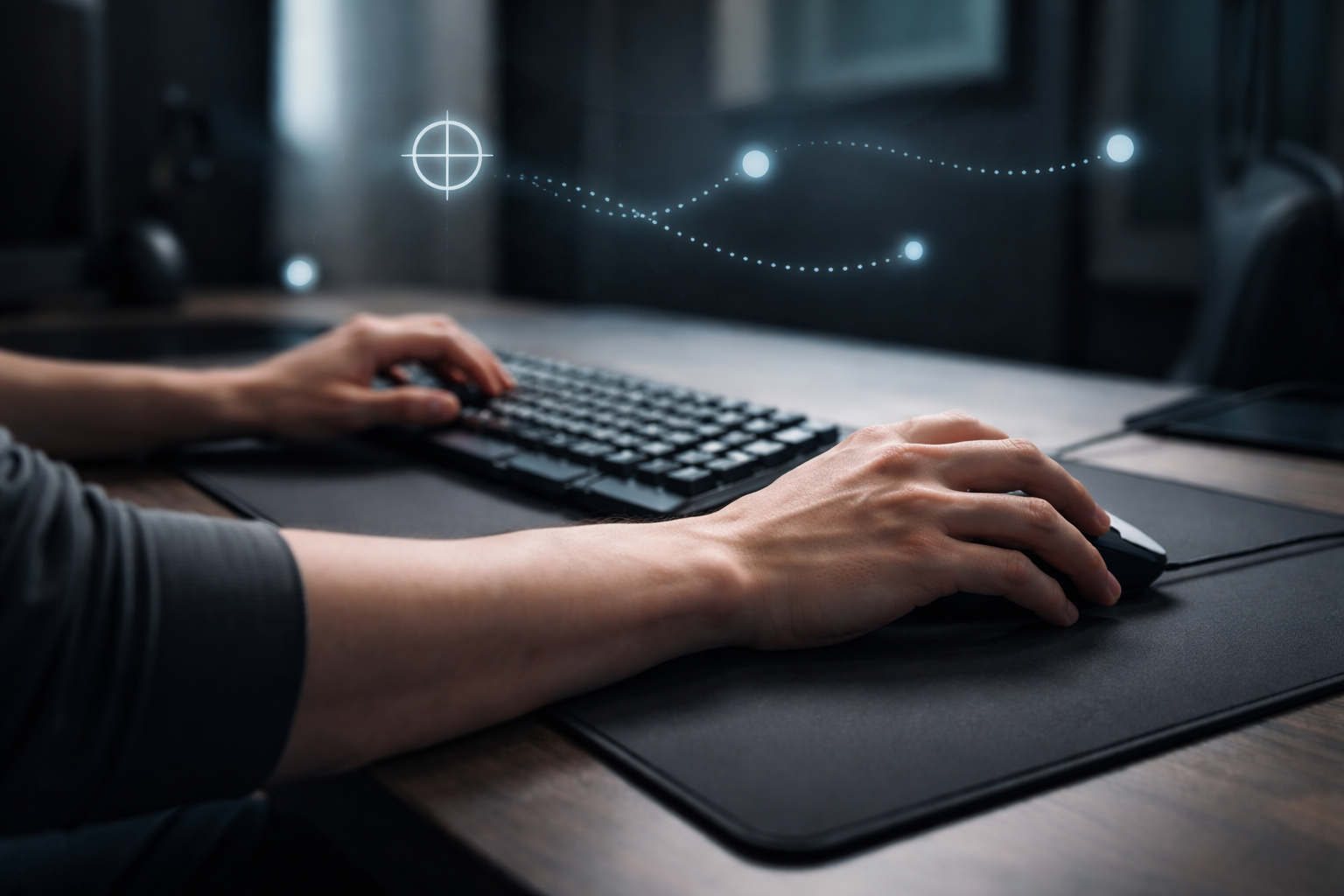 Photoreal FPS practice setup showing correct posture and mouse control