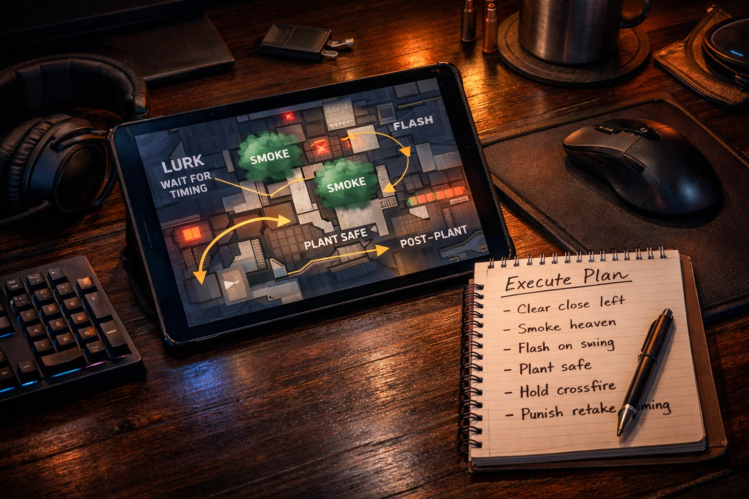 Valorant coaching desk scene with execute planning notes, smoke placements, and post-plant strategy
