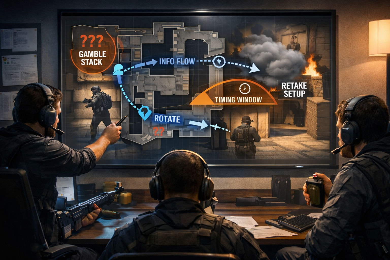 CS2 CT mid round rotation and information play with utility discipline and re-clear timing