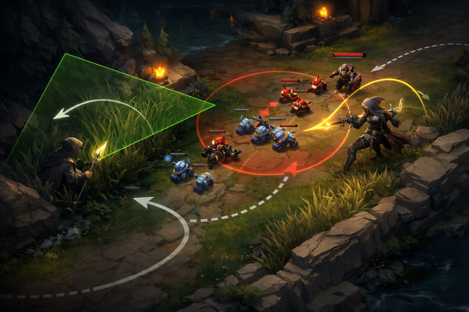  LoL bot lane harassment scene with brush control, support pressure, and ADC trading setup