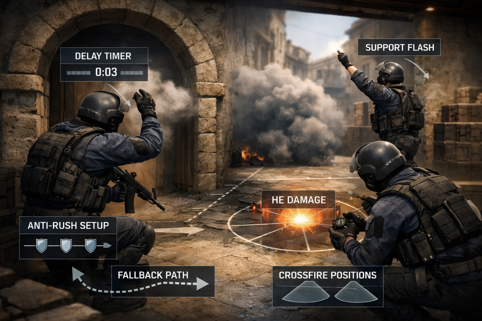 CS2 defensive utility coaching image with smoke flash and HE grenade placement on a choke point
