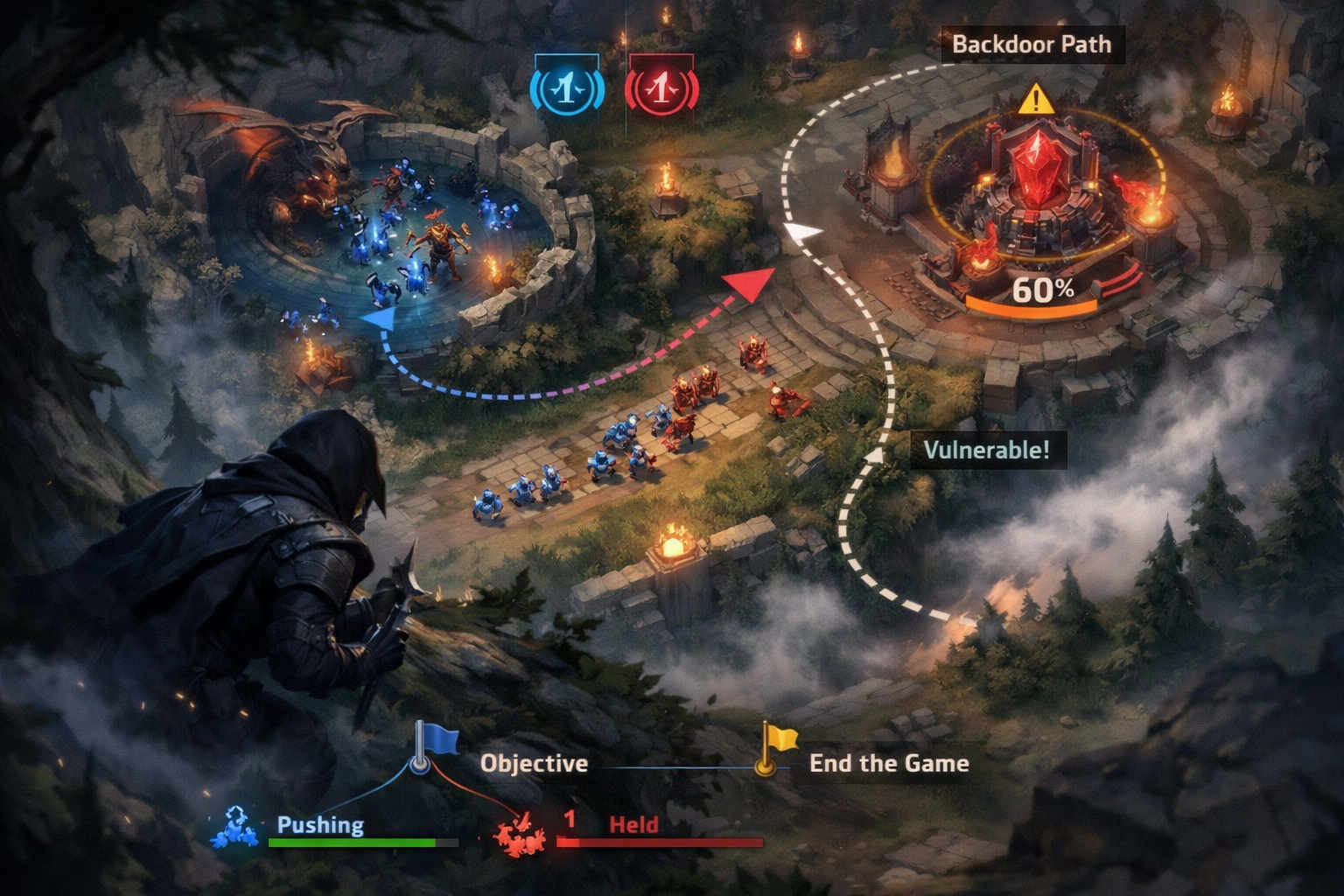 LoL backdoor strategy illustration showing late-game split pressure and base race setup