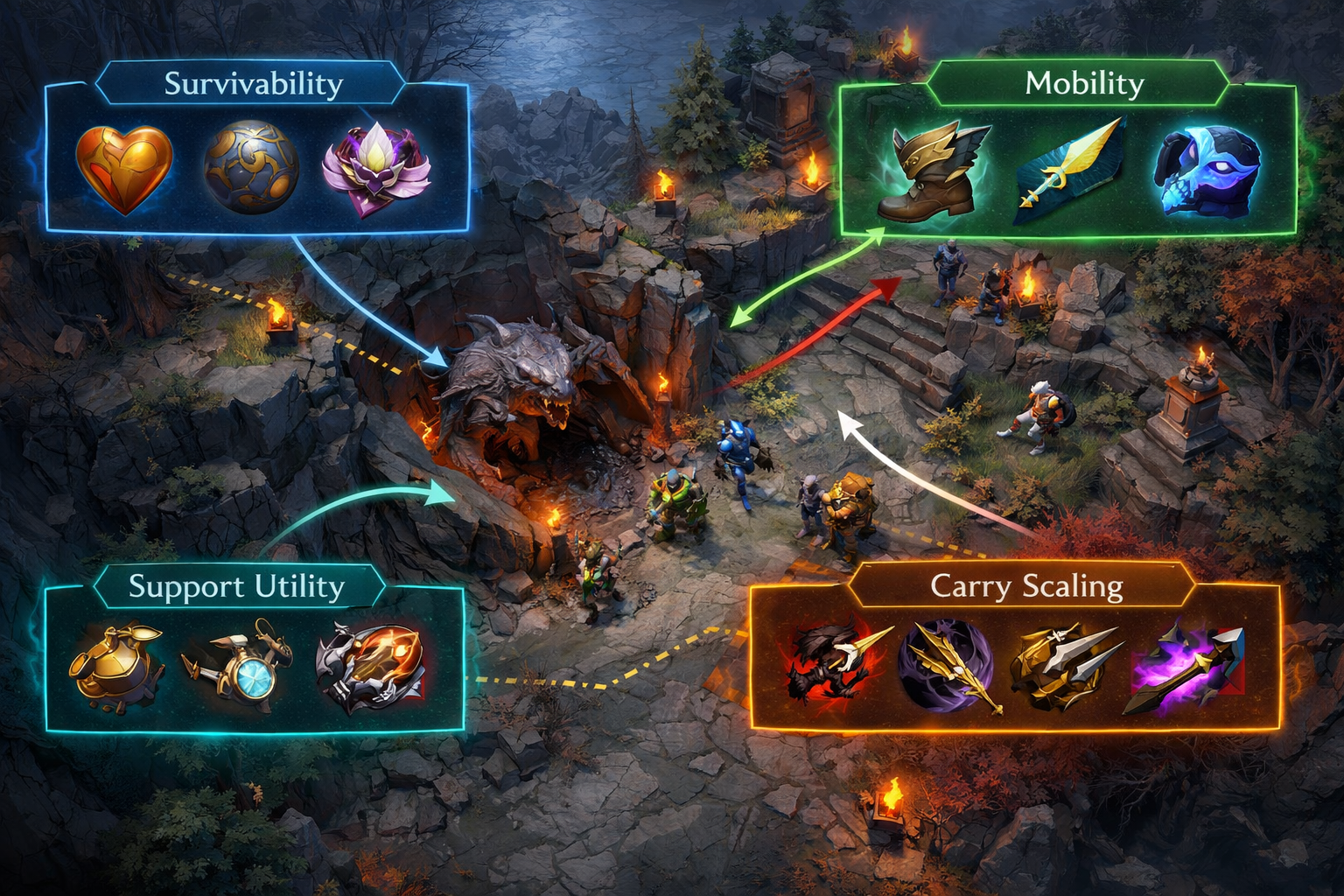  Dota 2 late-game neutral item strategy illustration with Tier 4 and Tier 5 power spike decisions 