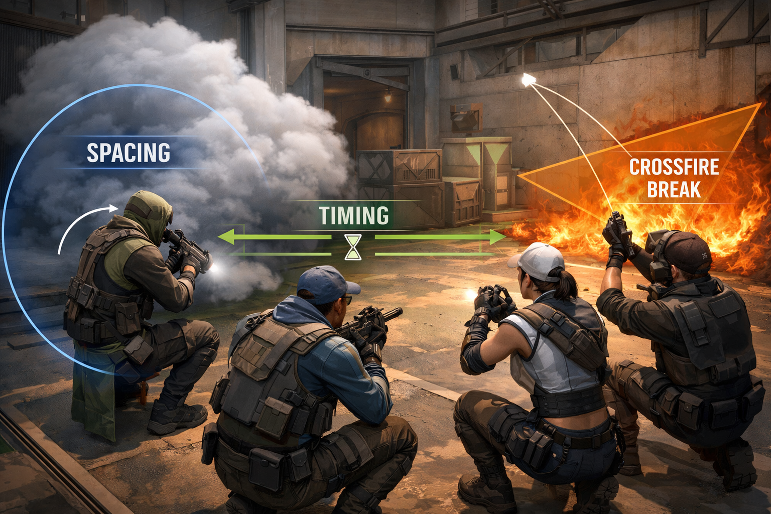 Valorant retake guide image showing smart smoke flash and molly usage on defense