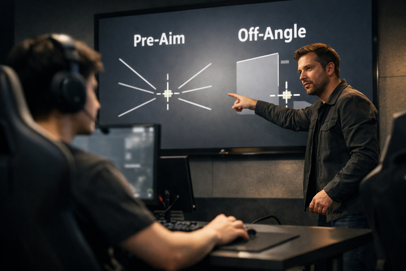 Photoreal CS2 coaching scene illustrating pre-aim and off-angle concepts for better peeking and duels.