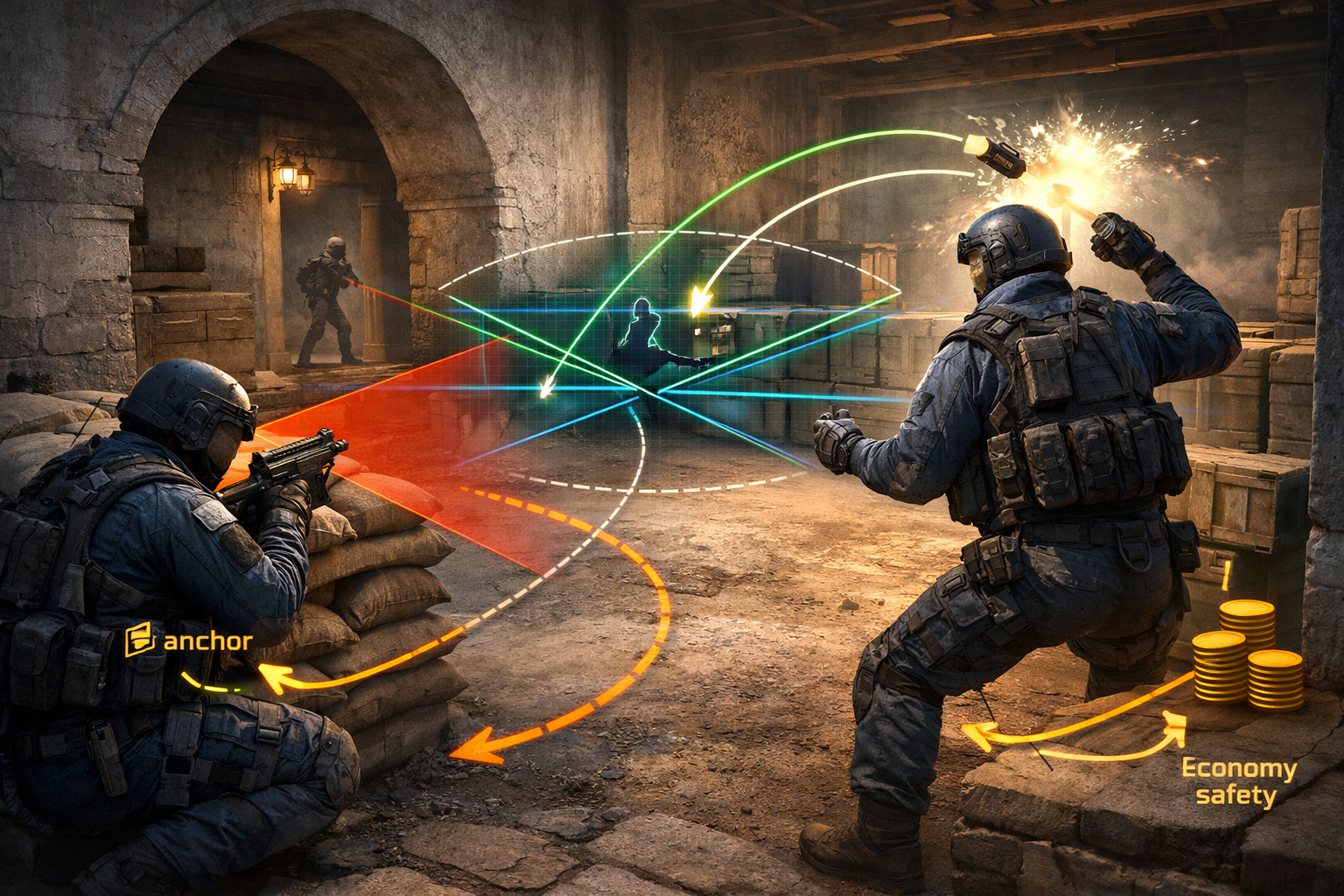 CS2 CT anti-eco setup with disciplined crossfires, anti-rush utility, and economy-safe positioning