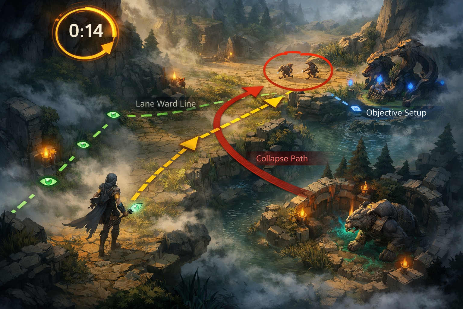 LoL support roam toward mid lane with warding path and collapse timing overlays