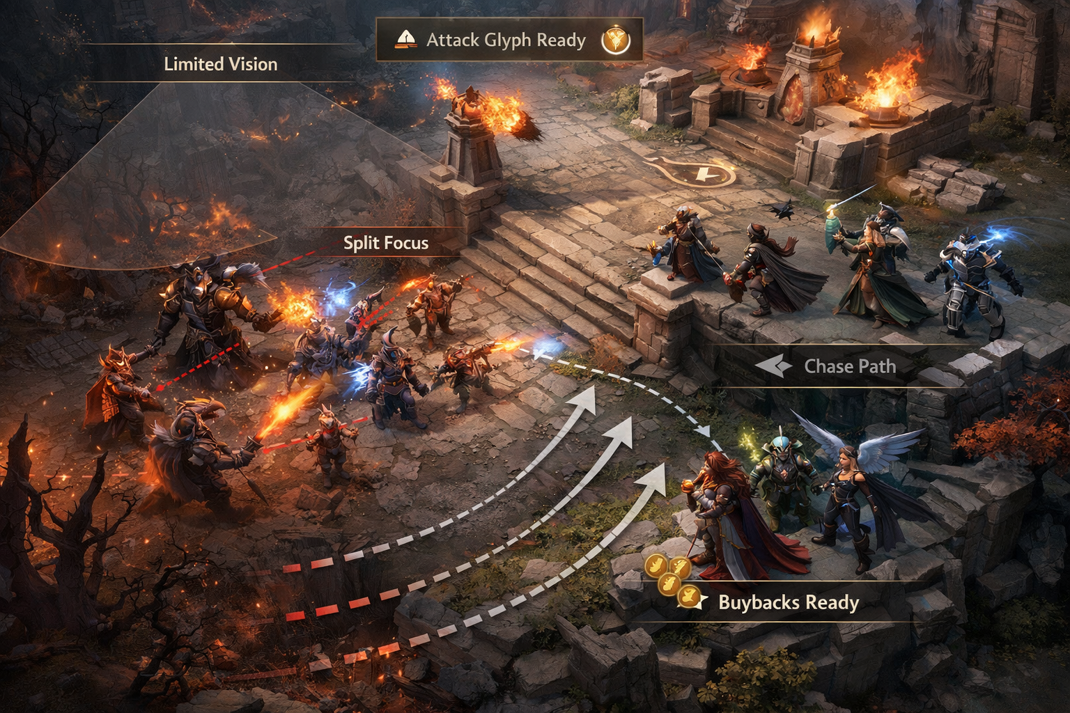 Dota 2 comeback defense on high ground with glyph timing, buybacks, and low-ground vision punishment