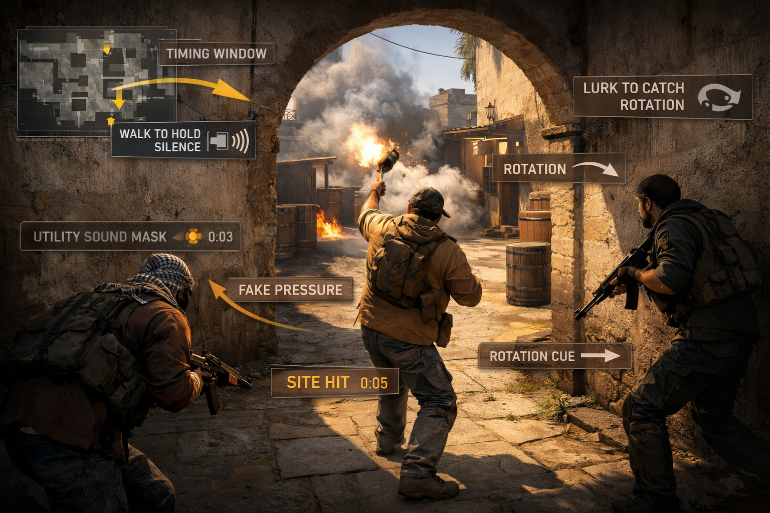  CS2 sound cue guide image showing sound discipline, utility masking, and late-round information play