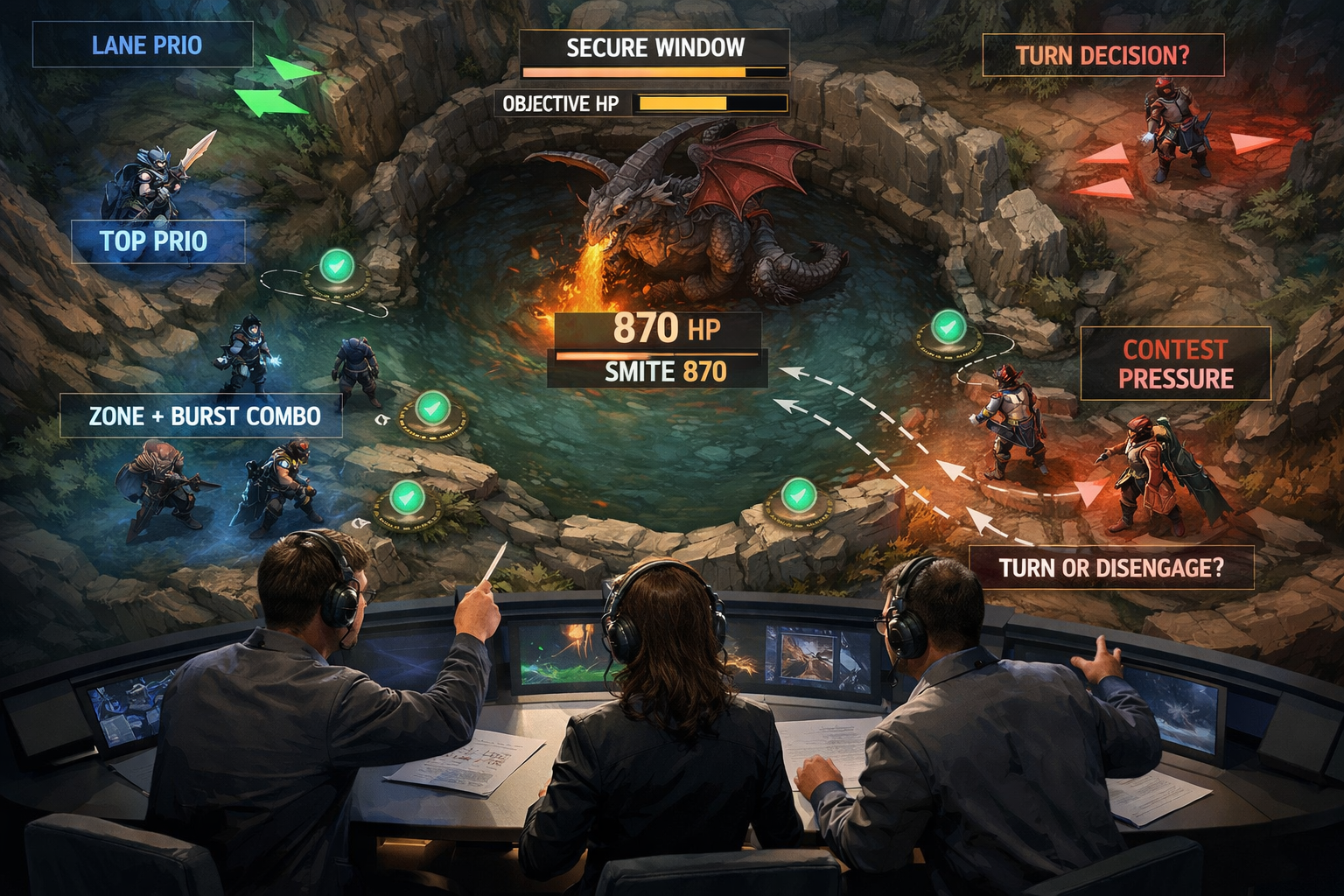 LoL dragon control illustration showing anti-steal setup and Smite secure timing