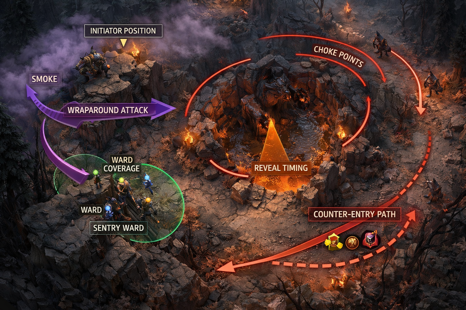 Dota 2 Smoke of Deceit strategy art showing a hidden team setting up around Roshan