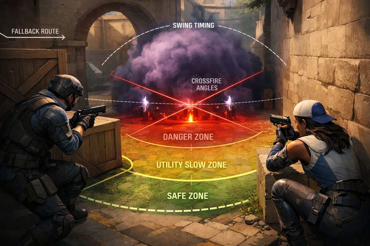 Valorant defensive pistol round setup with crossfire, stall utility, and retake positioning