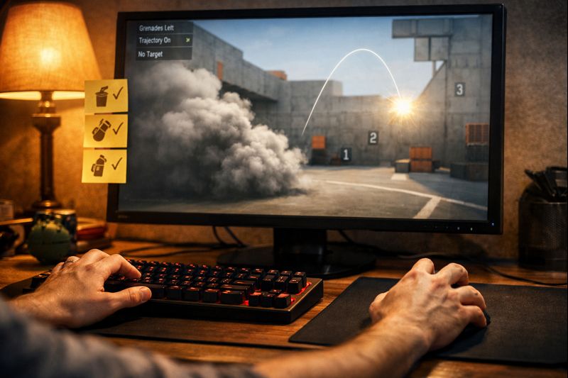 Cinematic CS2 practice desk scene with grenade training checklist and utility practice on a monitor, beginner coaching vibe.
