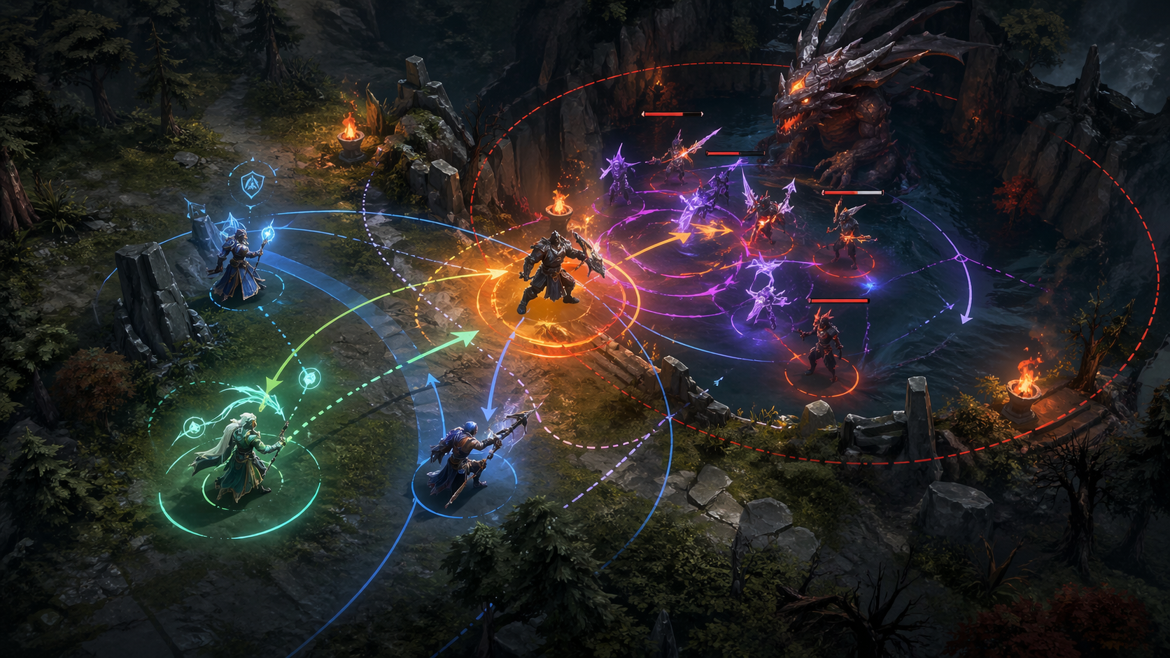 Coordinated Dota 2 teamfight showing layered initiation and follow-up spells