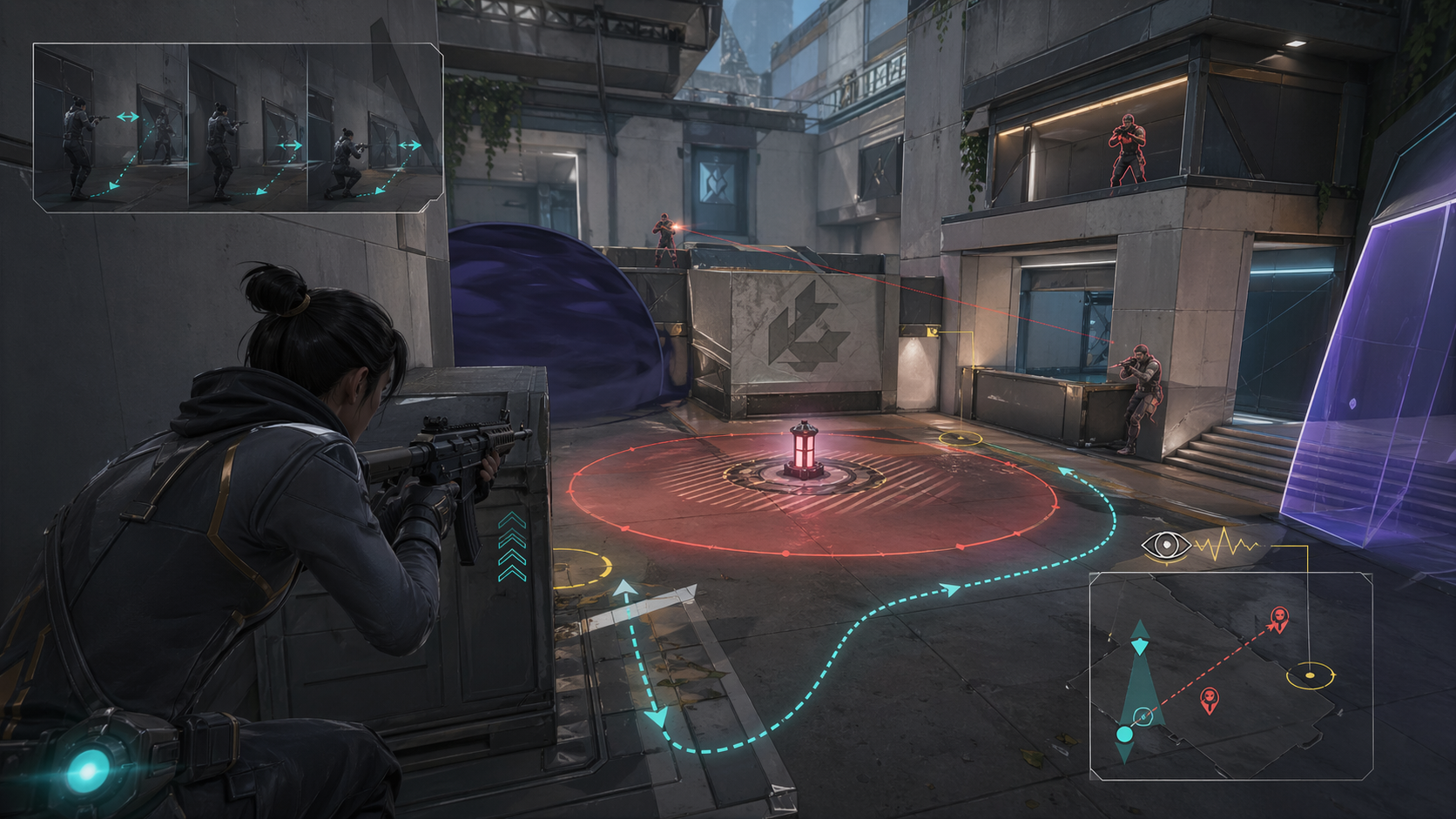 Tactical Valorant-inspired retake clutch scene with smart repositioning, utility, and spike pressure 