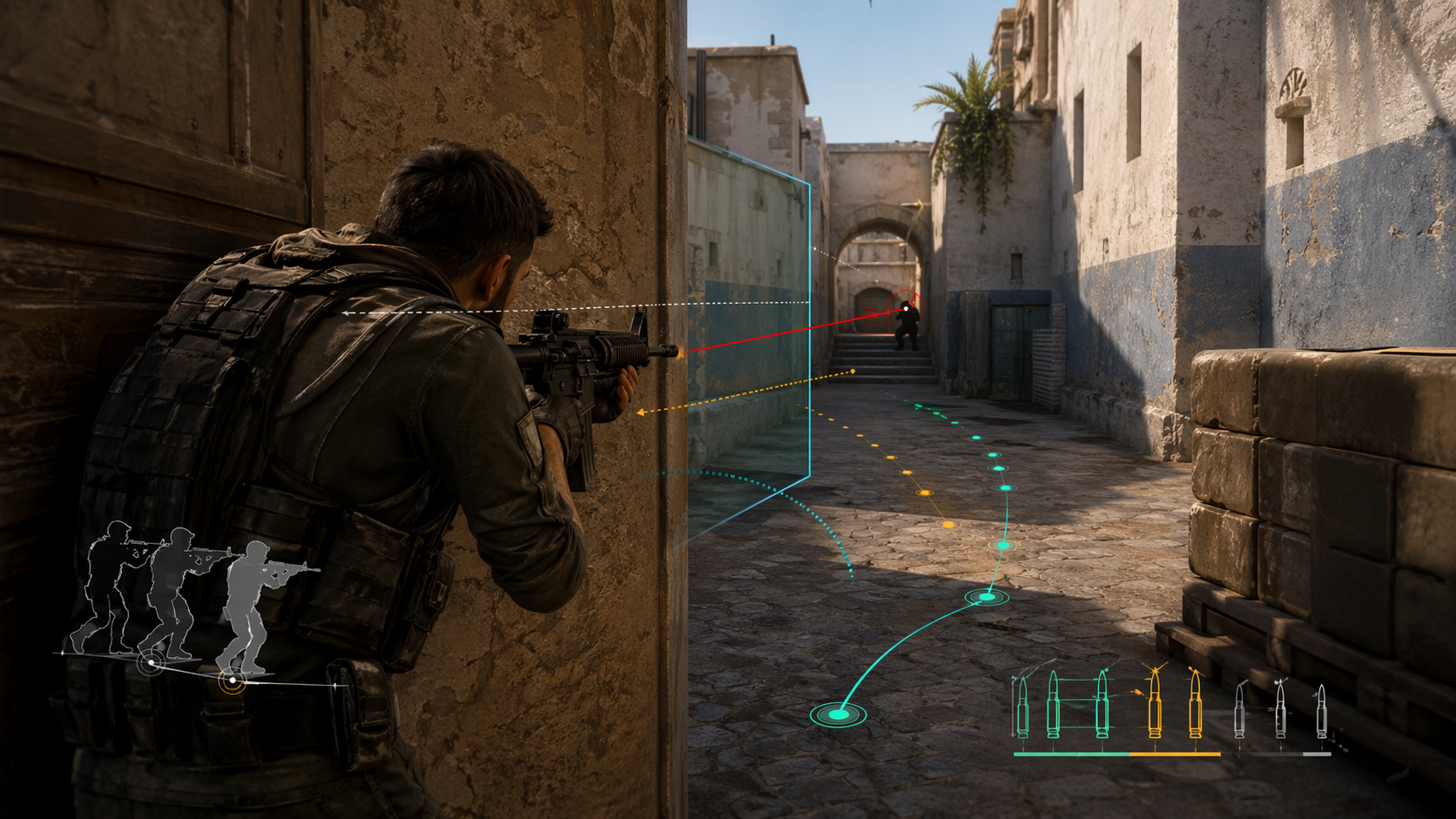 CS2 player improving reaction speed, peeking technique, and aim consistency in a tactical duel setup