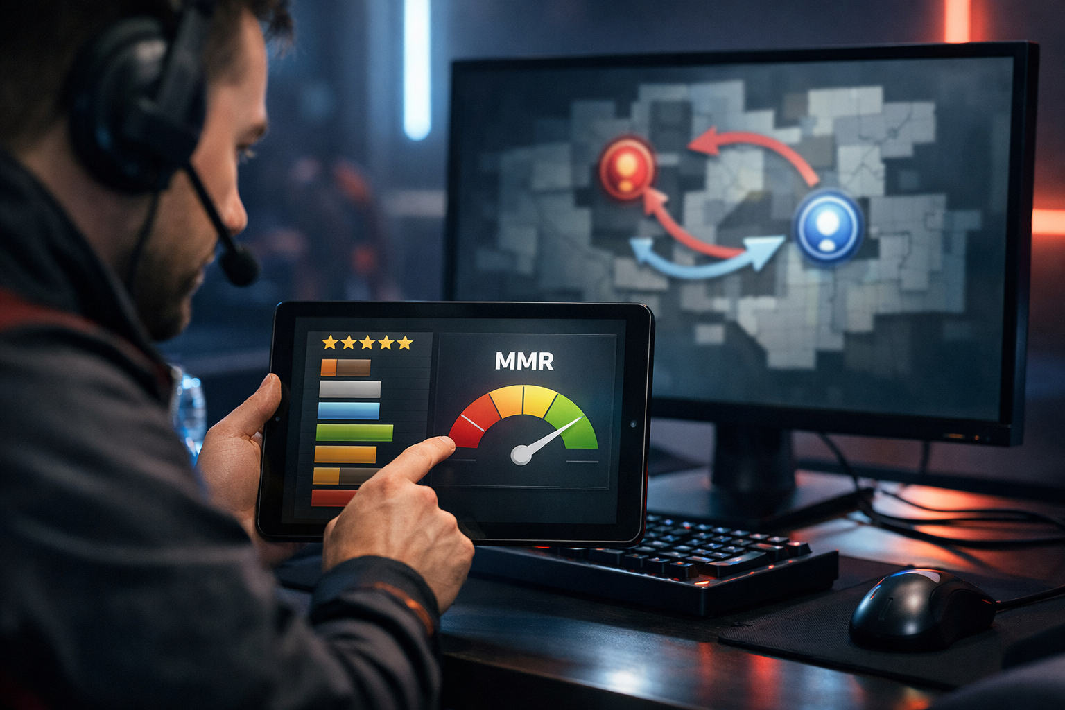 Mobile Legends ranked coaching scene with abstract draft and objective planning