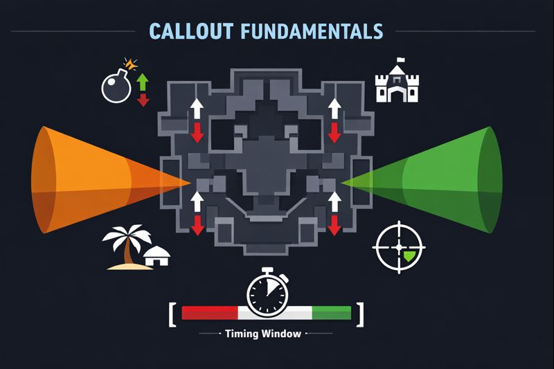 Marvel Rivals callout fundamentals infographic with landmarks, elevations, and sightlines