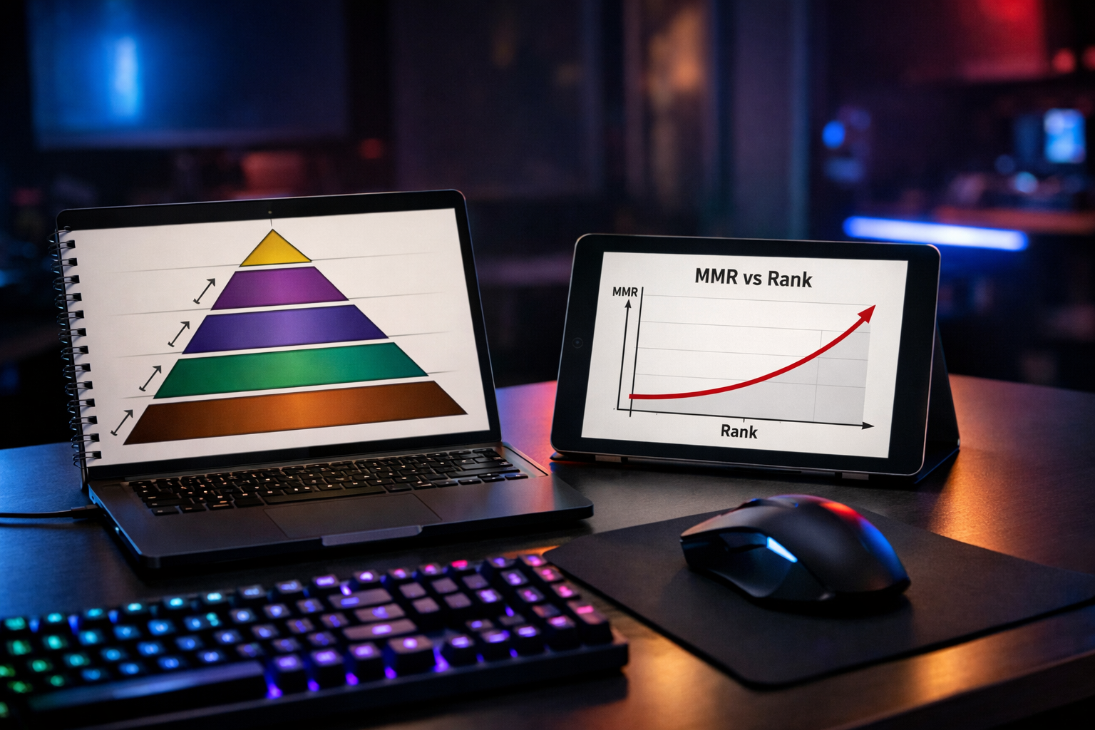 Esports coaching desk with abstract MMR vs rank diagram for Overwatch 2 competitive climbing.