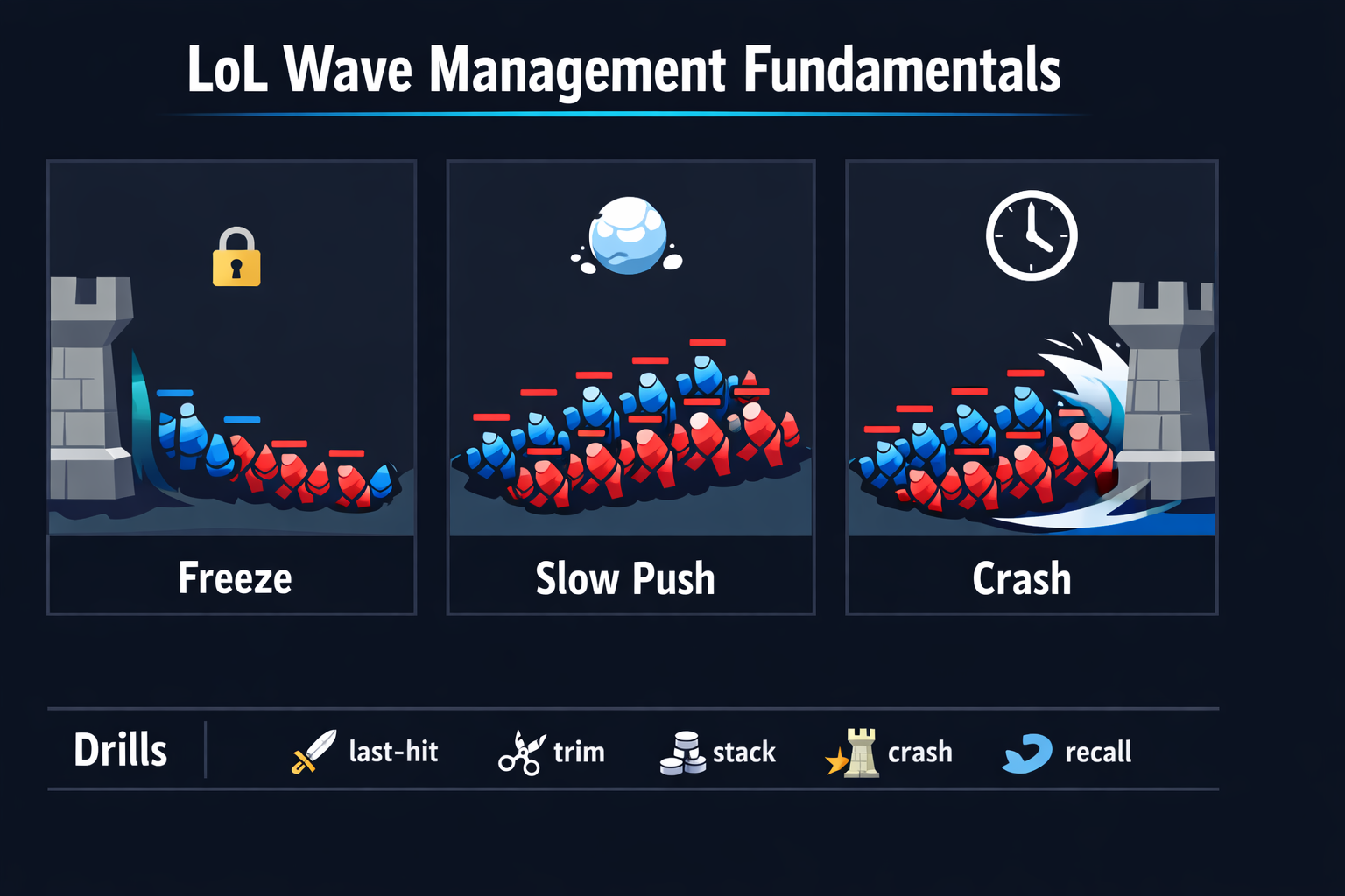 Infographic explaining LoL wave management: freeze, slow push, crash, and drills.