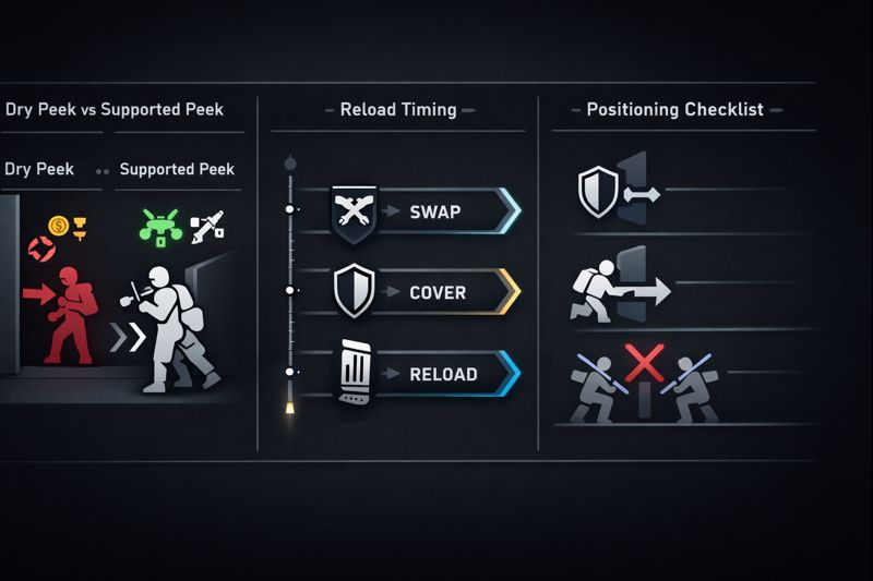 Valorant guide infographic for avoiding dry peeks, reload errors, and positioning mistakes.
