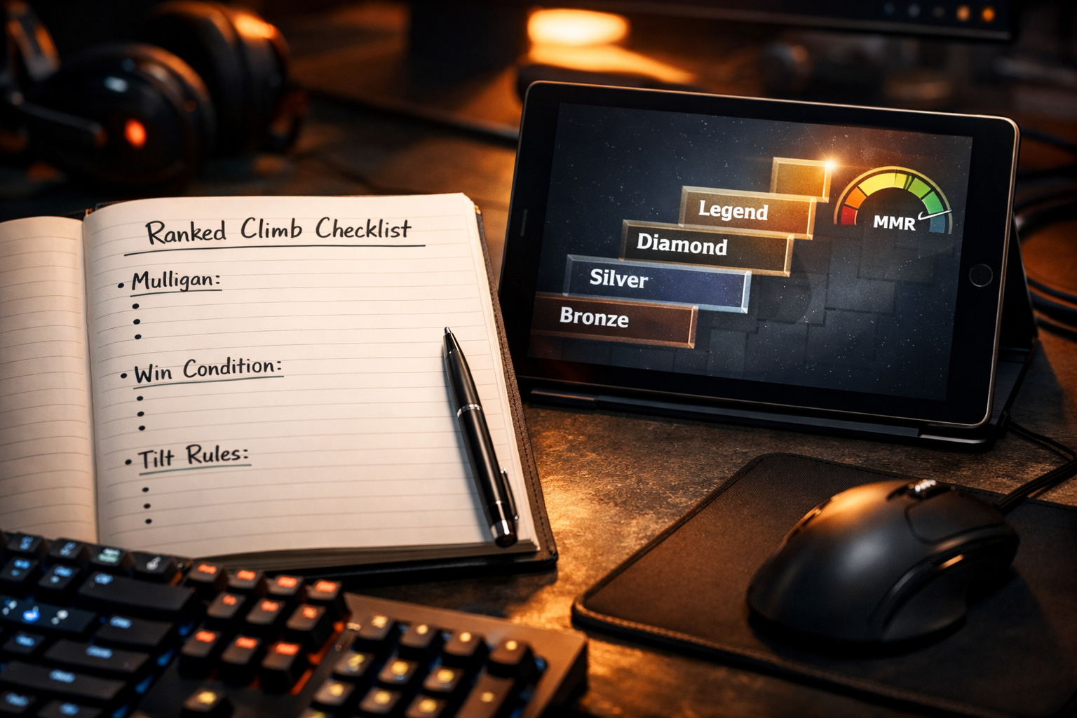 Cinematic desk scene with ranked climb checklist and a simplified Hearthstone ladder diagram for consistency training.