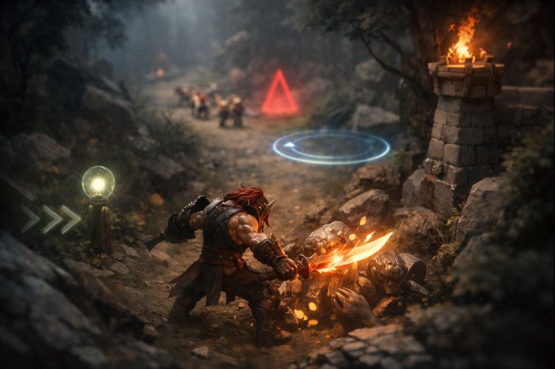 Cinematic Dota 2-style scene of a core farming safely with vision and escape routes