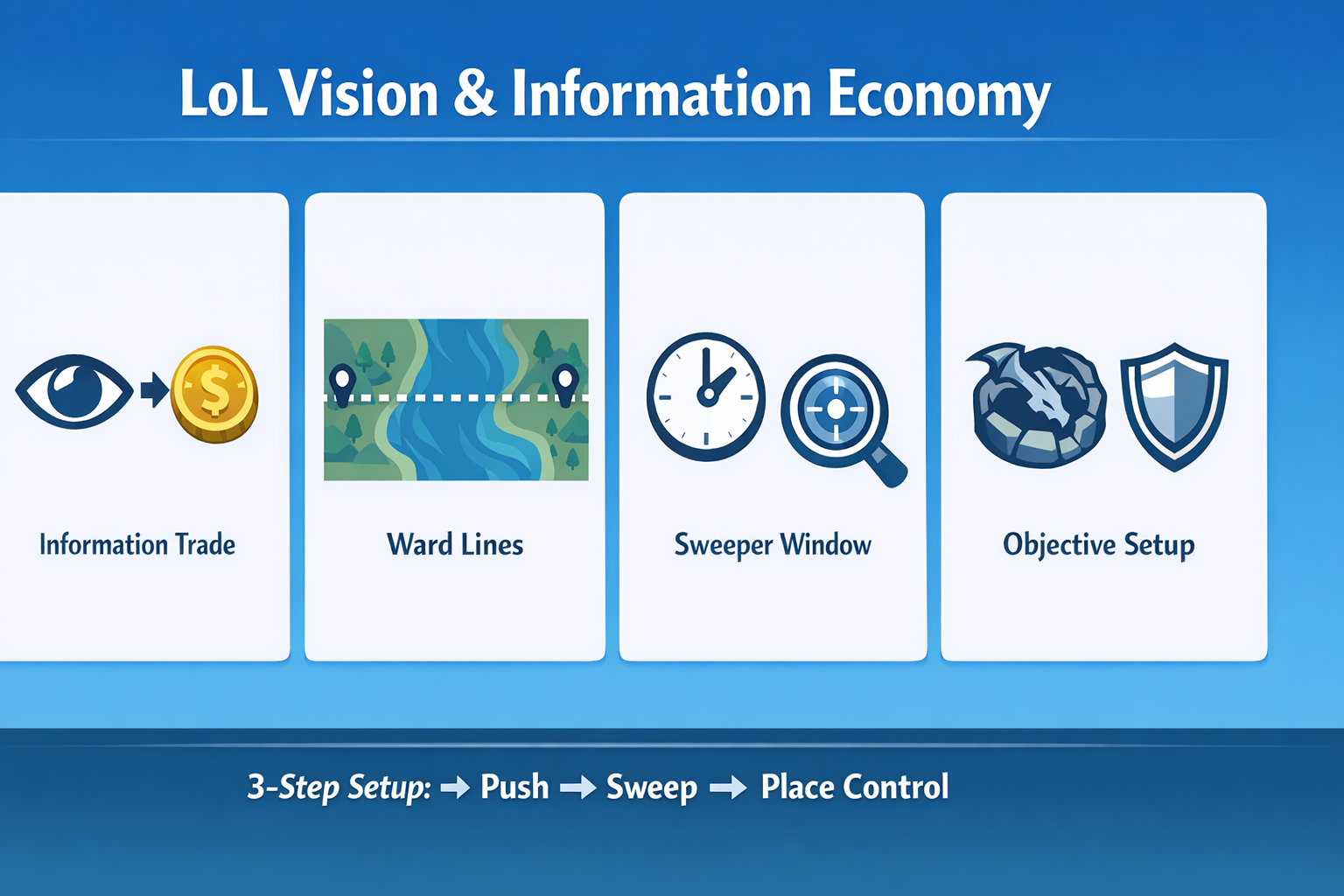 League vision and information economy infographic with ward lines, sweeper windows, and objective setup steps