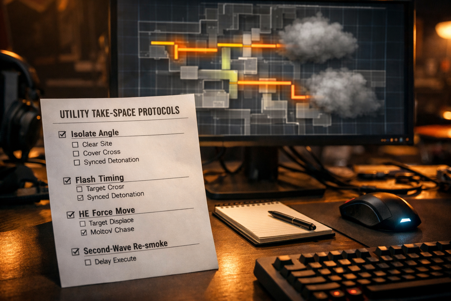  "Cinematic coaching desk scene with a utility checklist for CS2 smokes, flashes, and HE grenades to take space."     