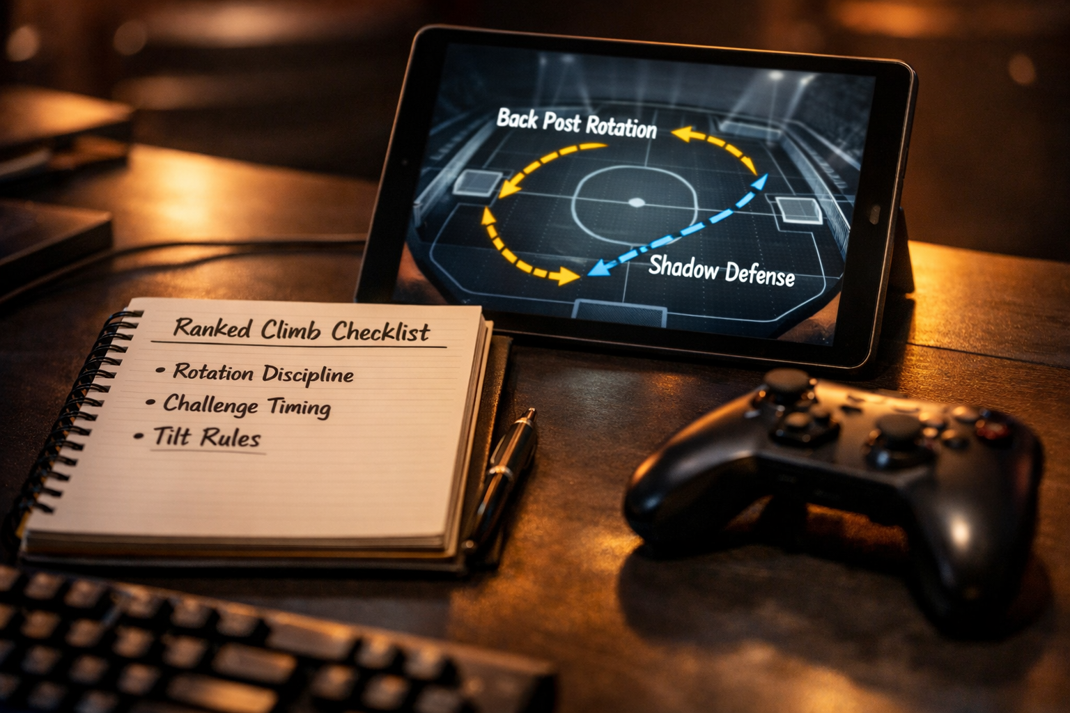 Cinematic Rocket League training desk scene with ranked climbing checklist and replay notes