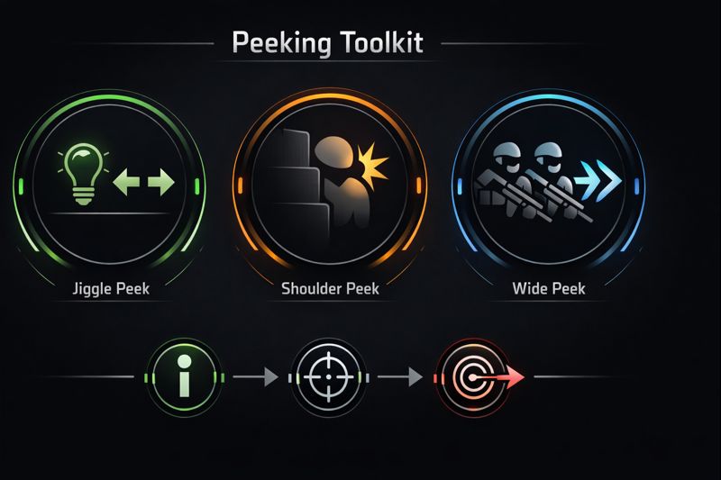 Peeking types in VALORANT: jiggle, shoulder, and wide peek explained