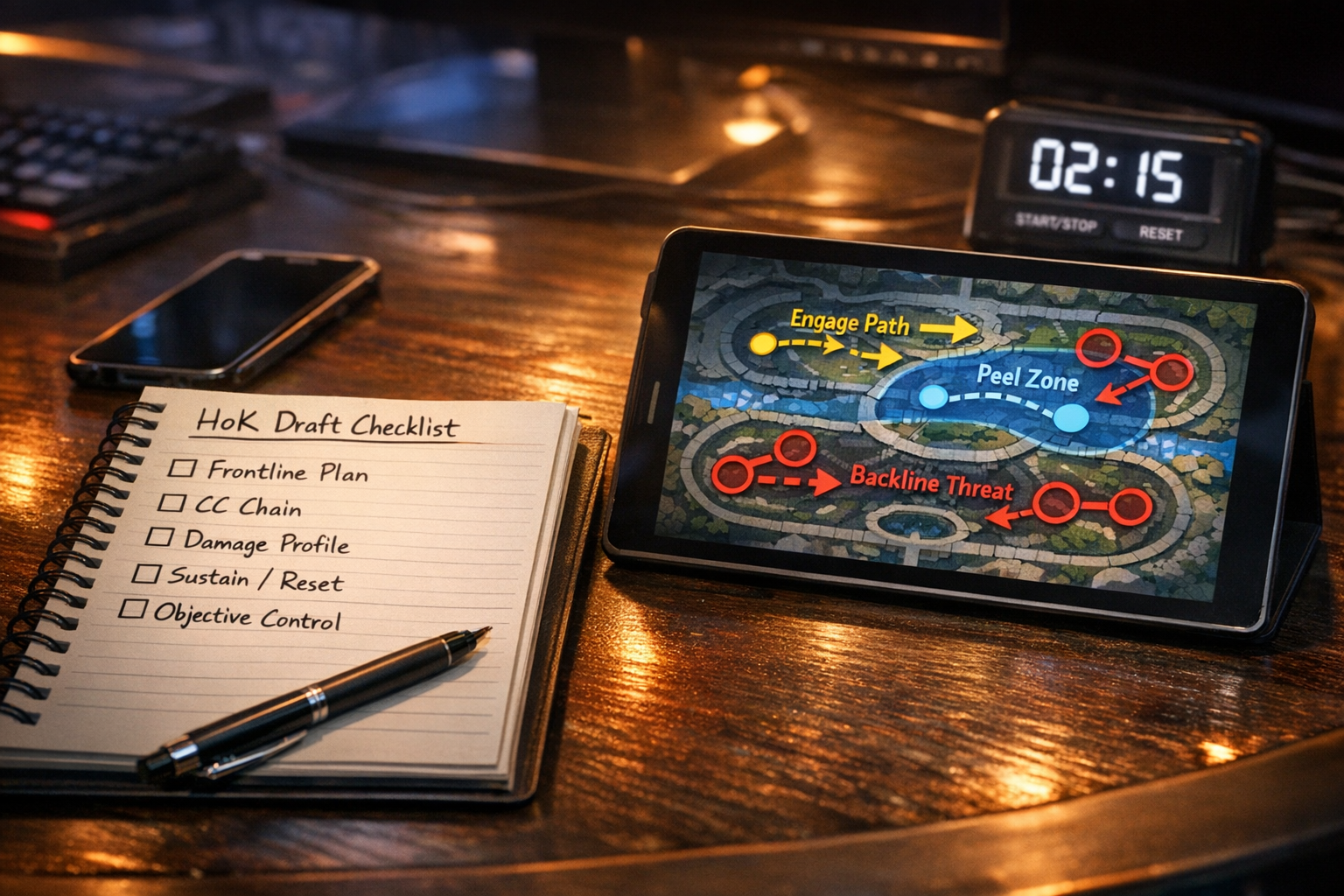 Cinematic coaching desk scene with a checklist for Honor of Kings drafting and teamfight roles