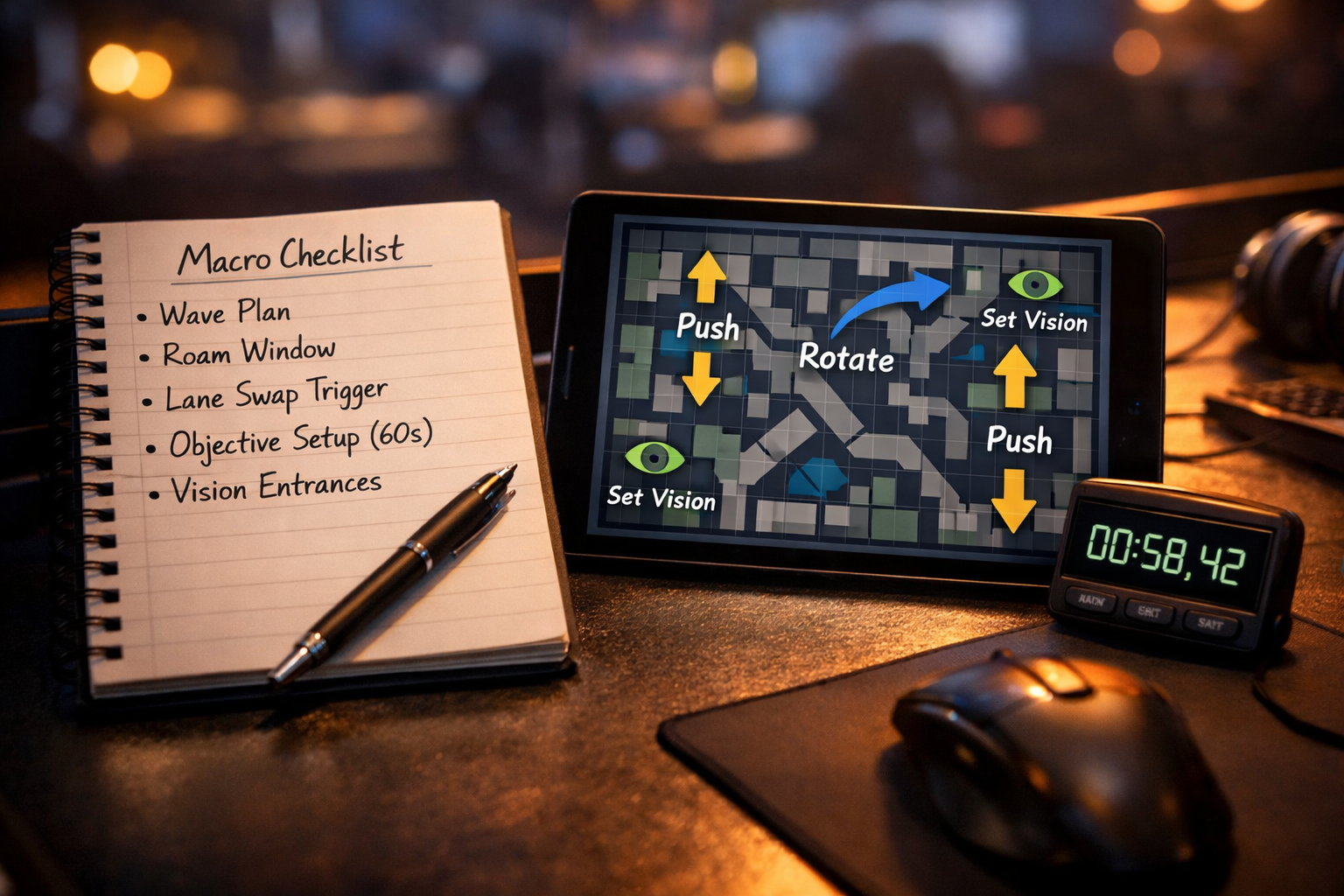 Cinematic coaching desk with LoL macro checklist for roams, lane swaps, and objective setup.
