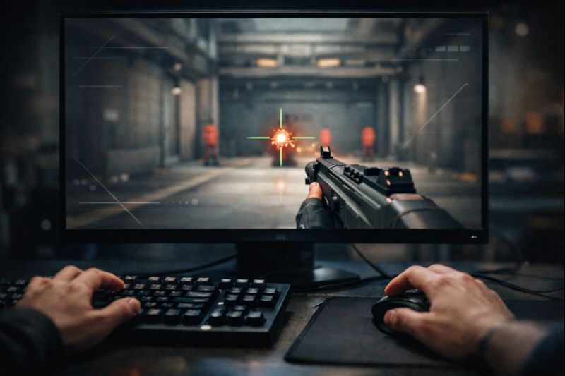 Cinematic Valorant training scene showing precise flick and tracking practice in a practice range